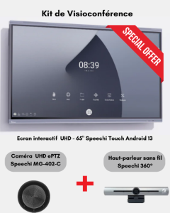 Kit de visioconférence : Ecran interactif tactile Android Infrarouge Speechi Touch UHD 65″ + Caméra de visioconférence UHD ePTZ Speechi MG-402-C + haut parleur sans fil Speechi 360°