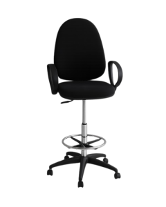 Tabouret de comptoir JUPITER en tissu noir dossier haut réglable en hauteur avec repose-pieds chromé