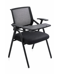Chaise Visiteur avec Table &Eacute;critoire &ndash; Dossier Mesh &ndash; Assise Tissu Noir &ndash; Structure M&eacute;tal 4 Pieds