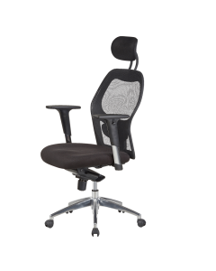 Fauteuil président avec tetiere, dossier en mesh , tissu noir piétement chromé avec accoudoirs & roulettes