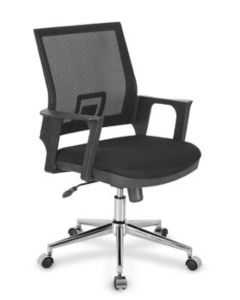 Fauteuil Opérateur RITA dossier en mesh noir assie en tissus noir et avec accoudoirs fixes et pvc et luge chrome