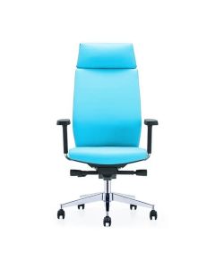 Fauteuil Président FPRO en simili cuir bleu – Dossier haut avec têtière – Accoudoirs réglables – Mécanisme synchrone