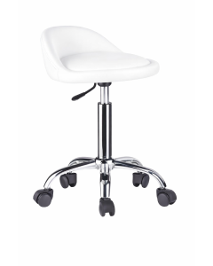 Tabouret FUNNY &ndash; Rev&ecirc;tement PU blanc &ndash; Pi&egrave;tement chrome avec roulettes &ndash; Hauteur r&eacute;glable &ndash; Usage professionnel